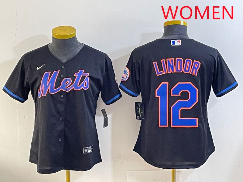 Women 2025 New York Mets #12 Lindor Black Game Nike MLB Jersey style 5
